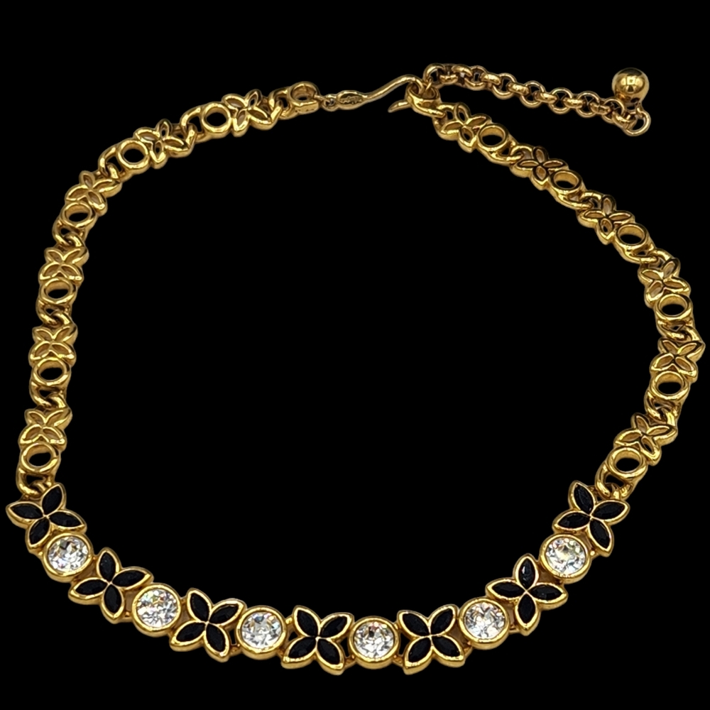 Vintage NAPIER X Enamel Necklace Rhinestone Clear Black Goldtone Elegant Classic - Picture 1 of 3